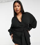 Asos Design Curve Textured Mini Shirt Dress With Double Tie In Black