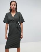 Asos Design Midi Wrap Dress With Tie Detail - Green
