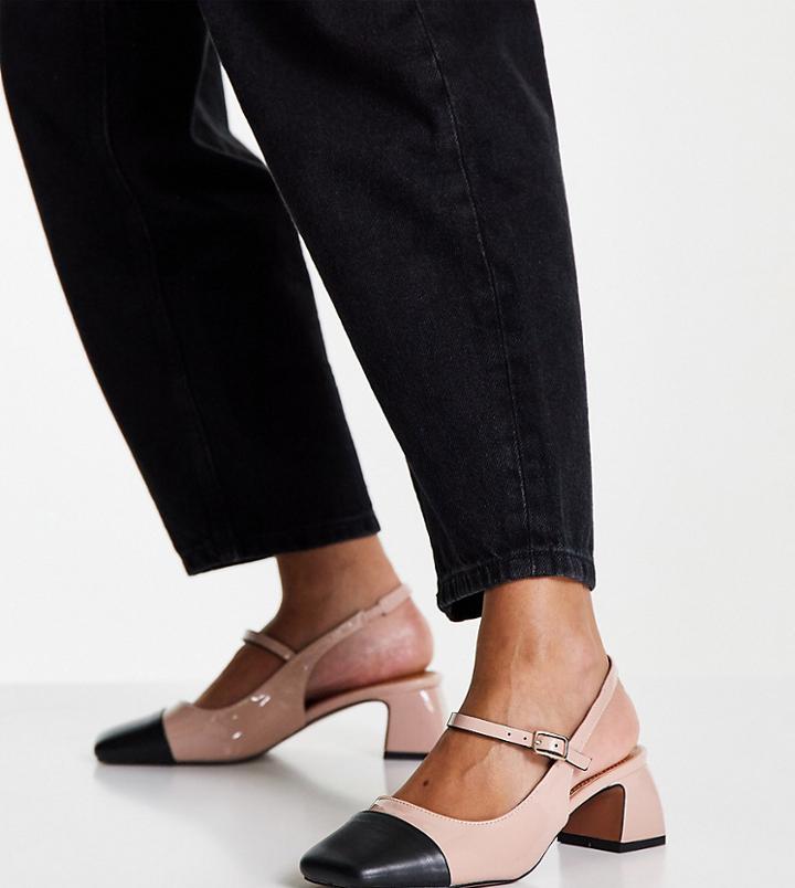 Asos Design Wide Fit Syon Mary Jane Mid Heel Shoes In Beige-neutral