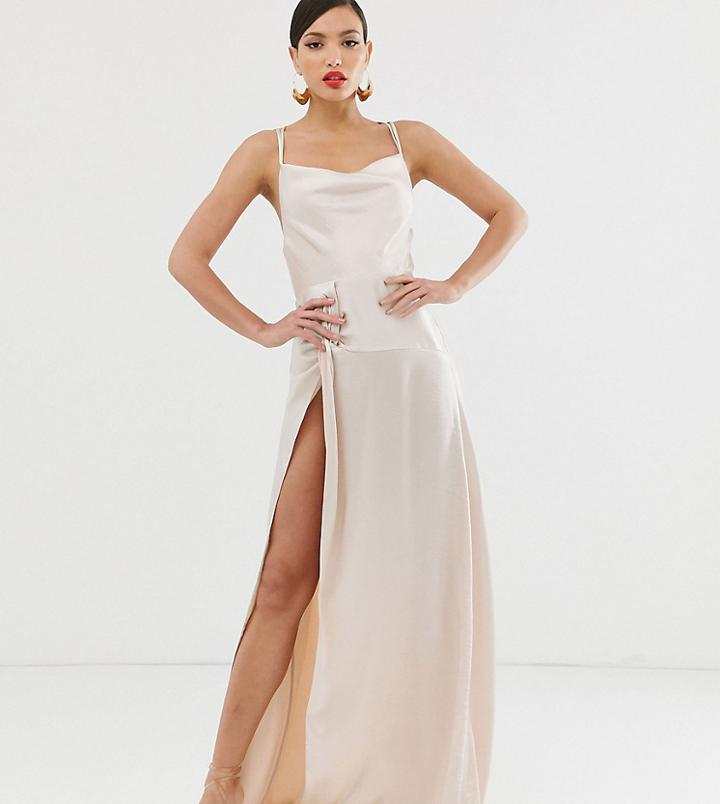 Asos Design Tall Maxi Dress With Thigh Split And Cowl Neck In Satin-gray