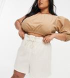 Asos Design Curve Paperbag Waist Shorts In Natural Crinkle In Stone-neutral