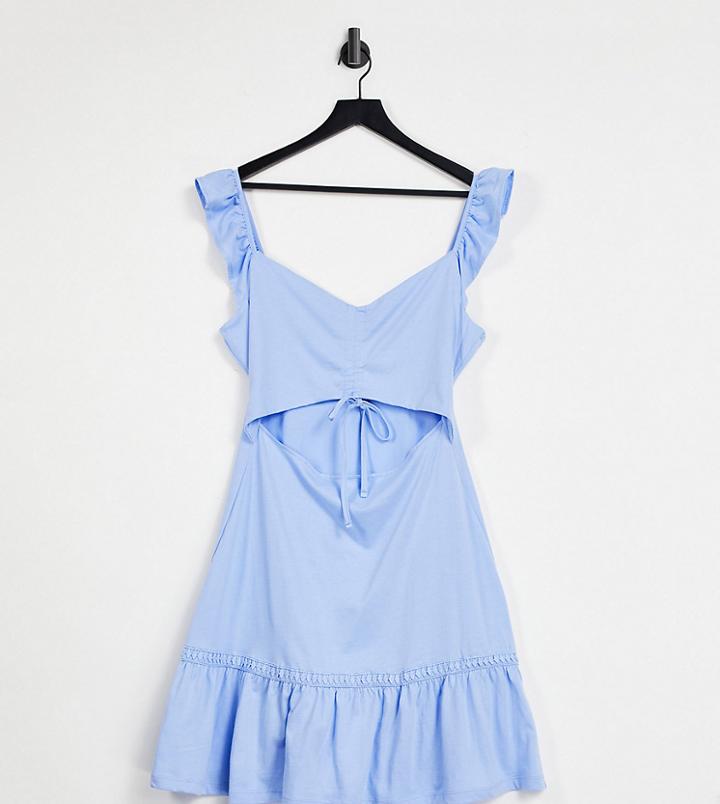 Asos Design Tall Cut Out Sundress With Ruffle Shoulder In Chambray Blue-blues
