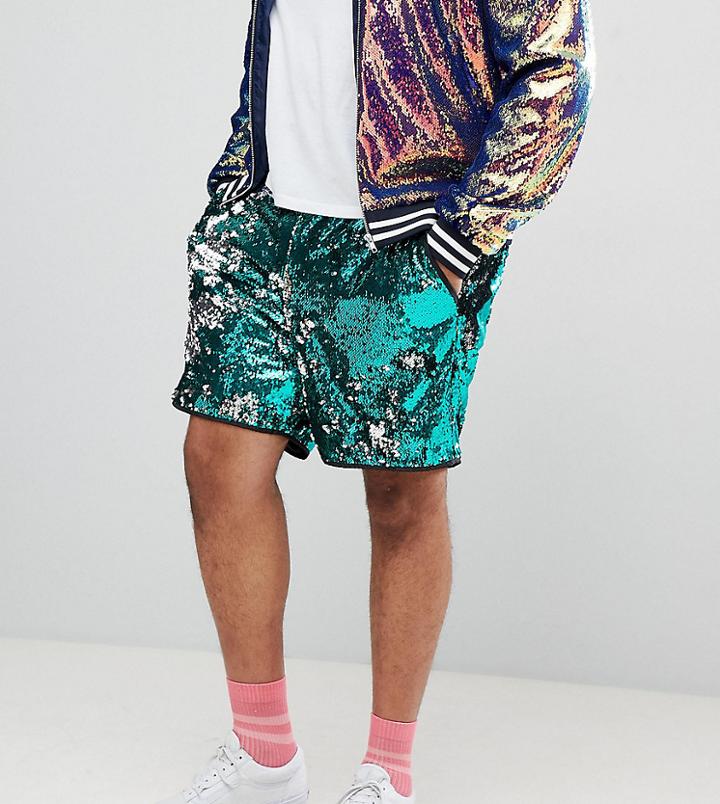 Asos Design Plus Festival Slim Shorts In Green Sequins - Green