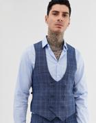 Gianni Feraud Slim Fit Linen Blend Check Suit Vest Double Breasted Scoop - Blue