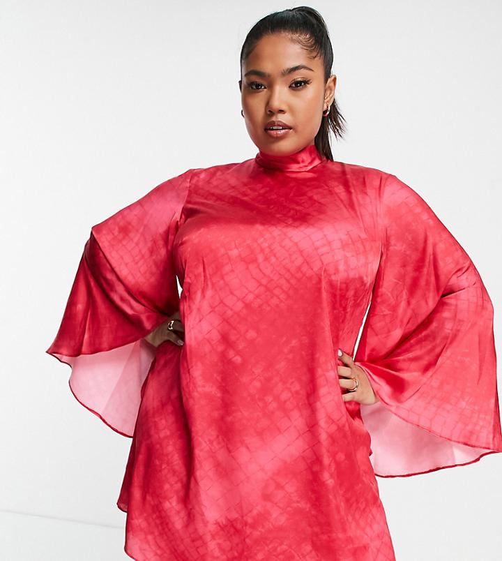 Asos Luxe Curve Flippy Dress With Open Back And Fluted Sleeves In Pink Snake Print