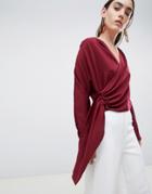 Asos Design Drape Wrap Top With Side Button Detail - Red