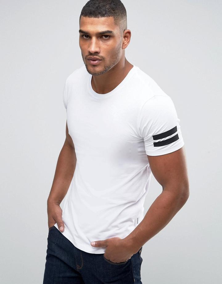 Jack & Jones Longline T-shirt With Curved Hem And Arm Stripes - White