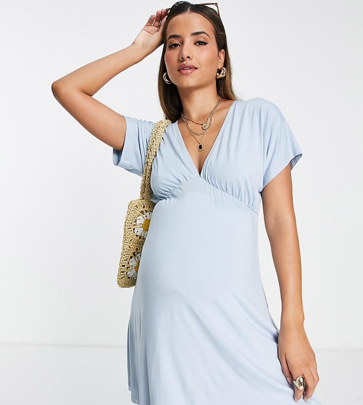 Asos Design Maternity Waisted Mini Tea Dress With Buttons In Baby Blue