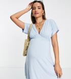 Asos Design Maternity Waisted Mini Tea Dress With Buttons In Baby Blue
