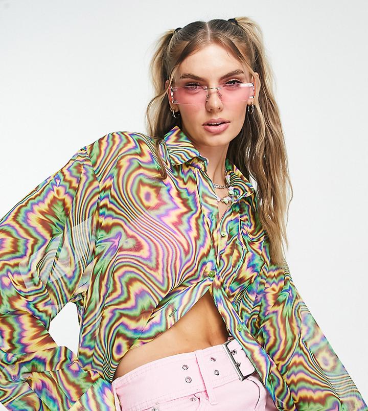 Collusion Abtract Print Sheer Oversized Shirt In Multi