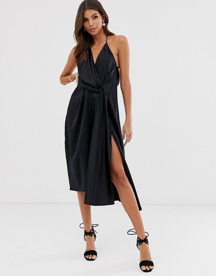 Asos Design Minimal Drape Midi Dress In Satin-black