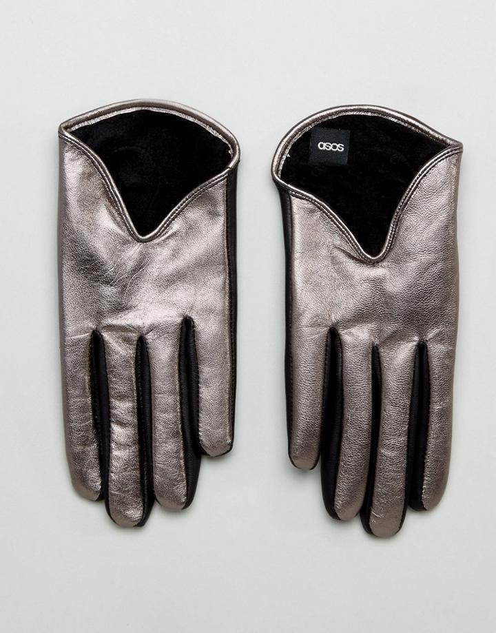Asos Short Silver Metallic Leather Gloves - Silver
