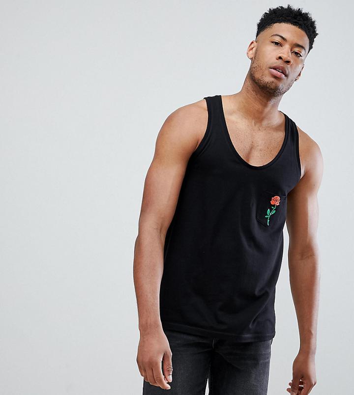 Asos Design Tall Tank With Rose Print Pocket - Black
