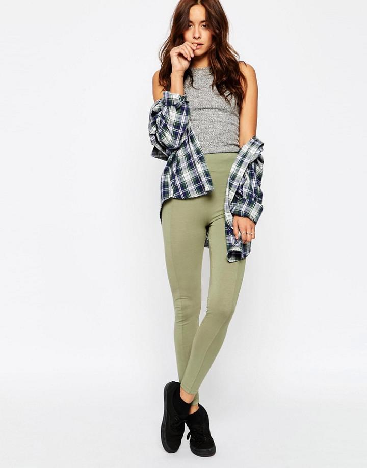 Asos Washed Deep Waistband Leggings - Khaki