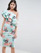 Asos One Shoulder Double Ruffle Pastel Floral Midi Dress - Multi