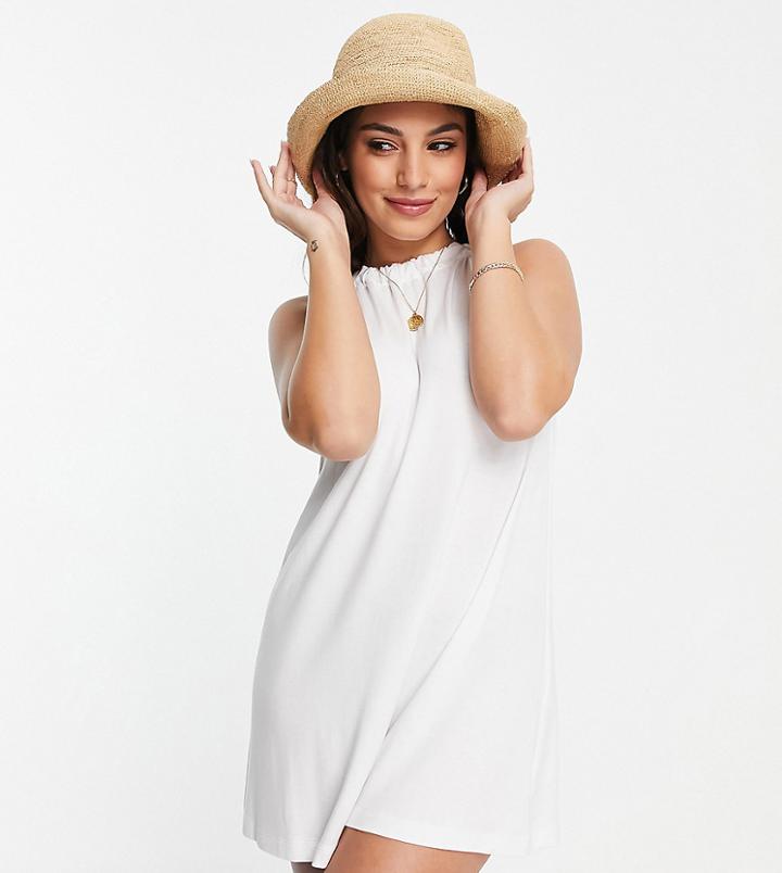 Asos Design Petite Gathered Neck Mini Dress With Open Back In White