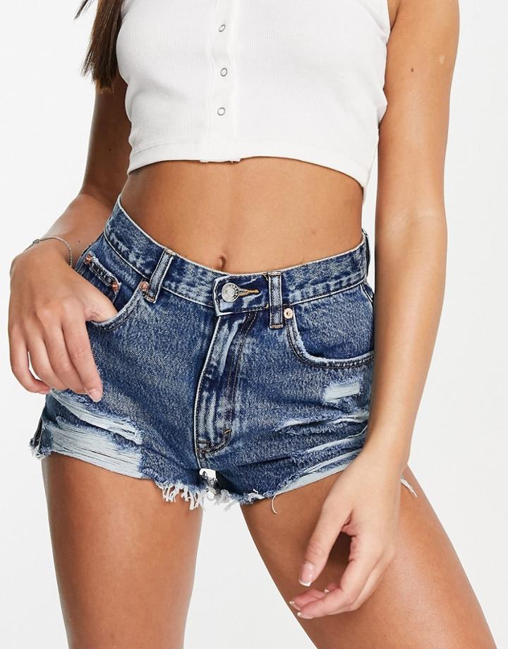 Pull & Bear High Waisted Ripped Denim Short With Frayed Hem In Dark Blue