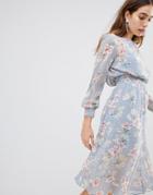 New Look Floral Shirred Waist Midi Dress - Gray
