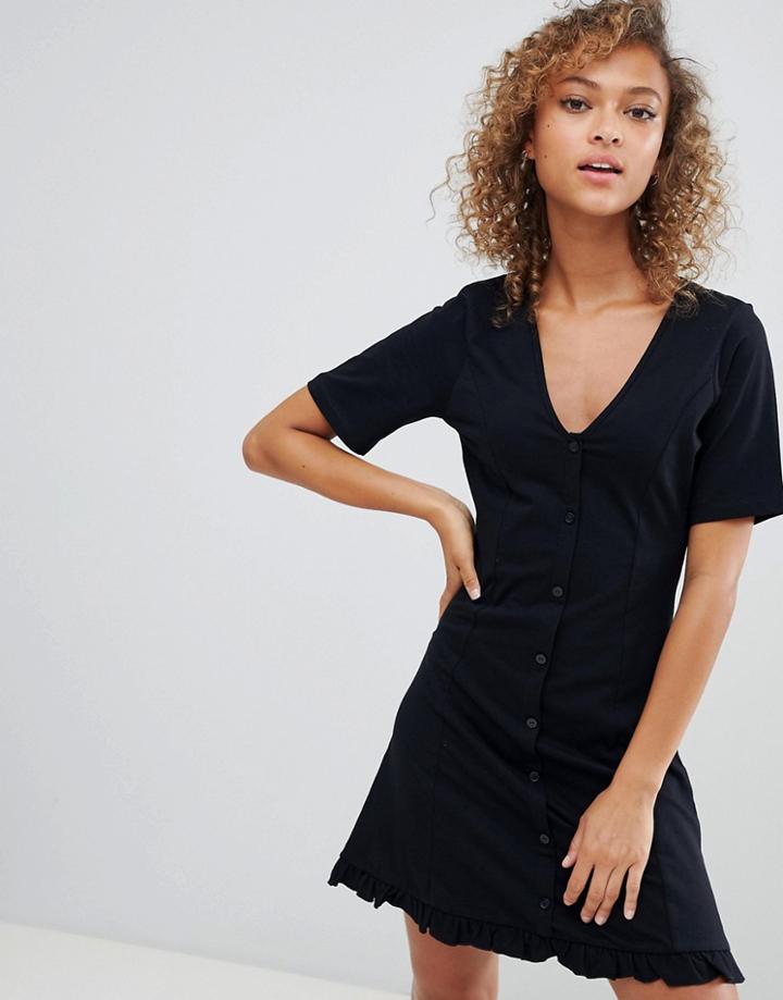 Asos Design Button Through Tea Dress With Frill Hem - Black