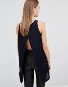 Ax Paris Split Back Dipped Hem Top - Navy