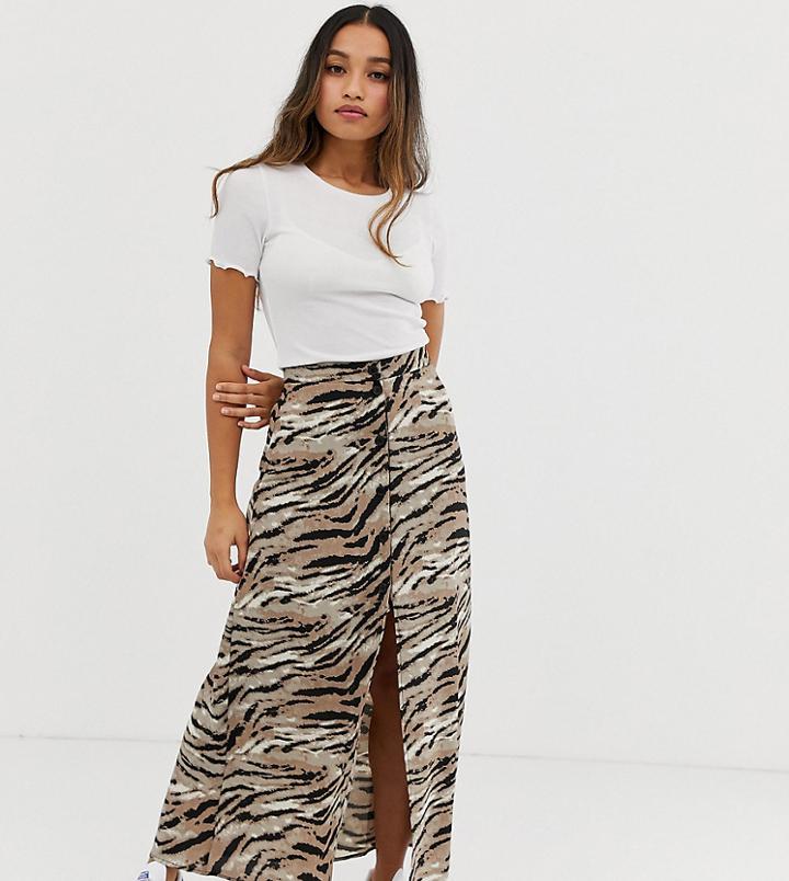 Asos Design Petite Button Front Maxi Skirt In Tiger Print - Multi