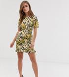 Asos Design Petite Ruched Side Mini Dress In Natural Tiger Print-multi