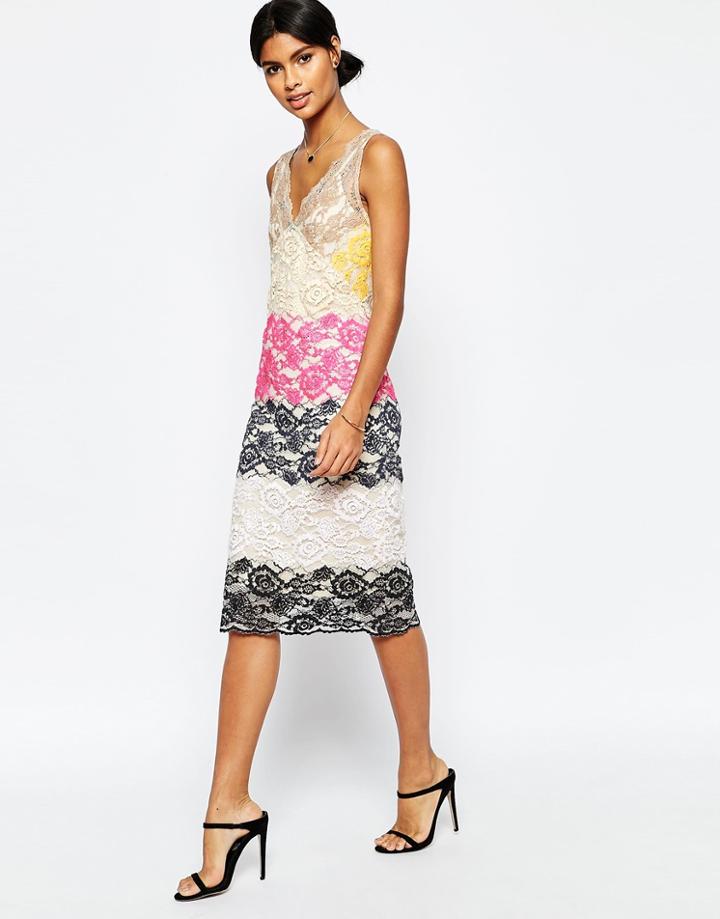 Asos Midi Column Dress In Bright Stripe Lace - Multi