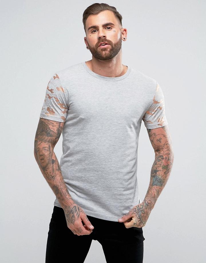Asos T-shirt With Metallic Gold Camo Print Sleeves - Gray