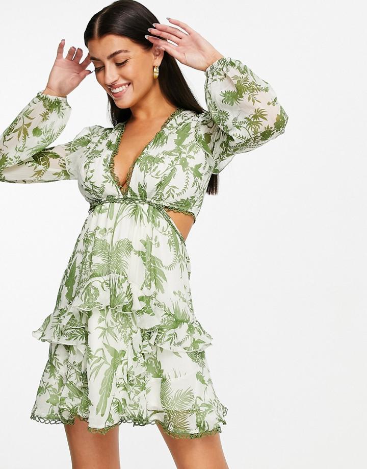 Asos Design Mini Dress With Long Sleeve And Circle Trim In Green Print-multi