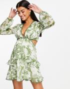 Asos Design Mini Dress With Long Sleeve And Circle Trim In Green Print-multi