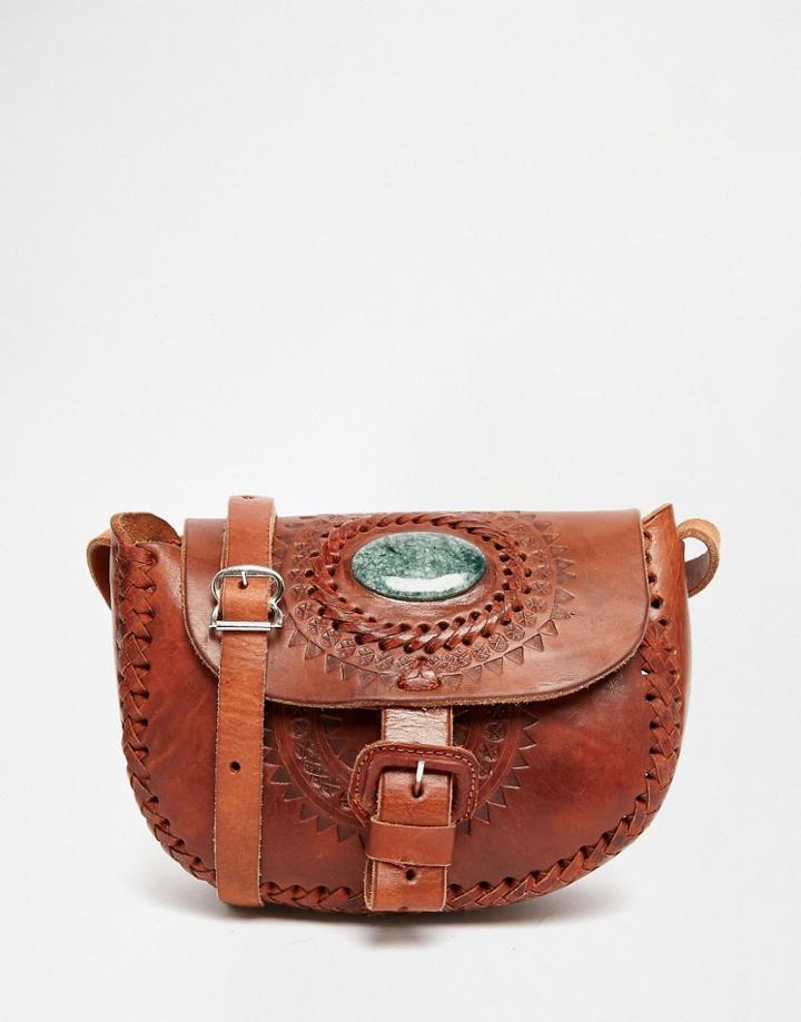 Hiptipico Handmade Semi Precious Jade Tooled Leather Saddle Bag - Tan