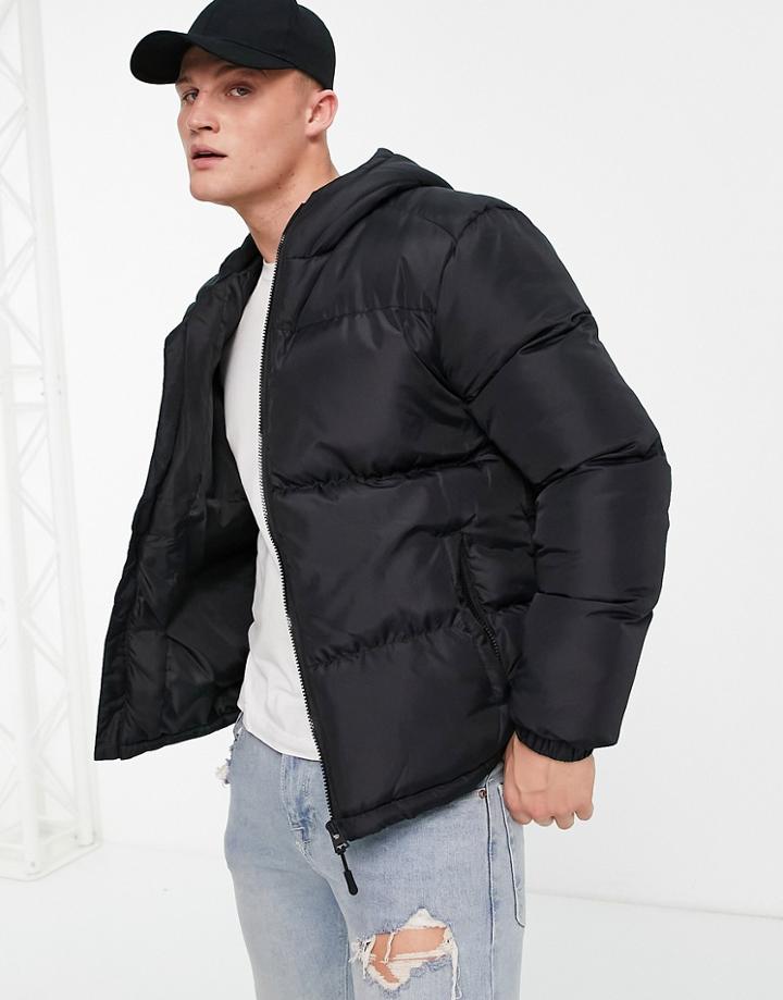 Brave Soul Puffer Jacket With Hood In Black