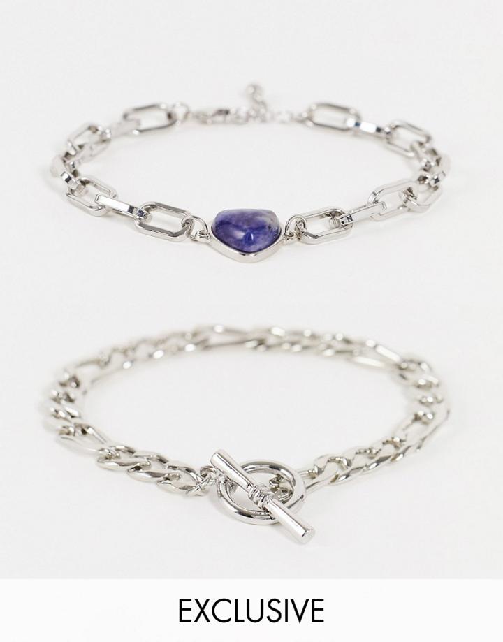 Reclaimed Vintage Inspired Unisex Grunge Heart Stone Bracelets In Silver 2 Pack