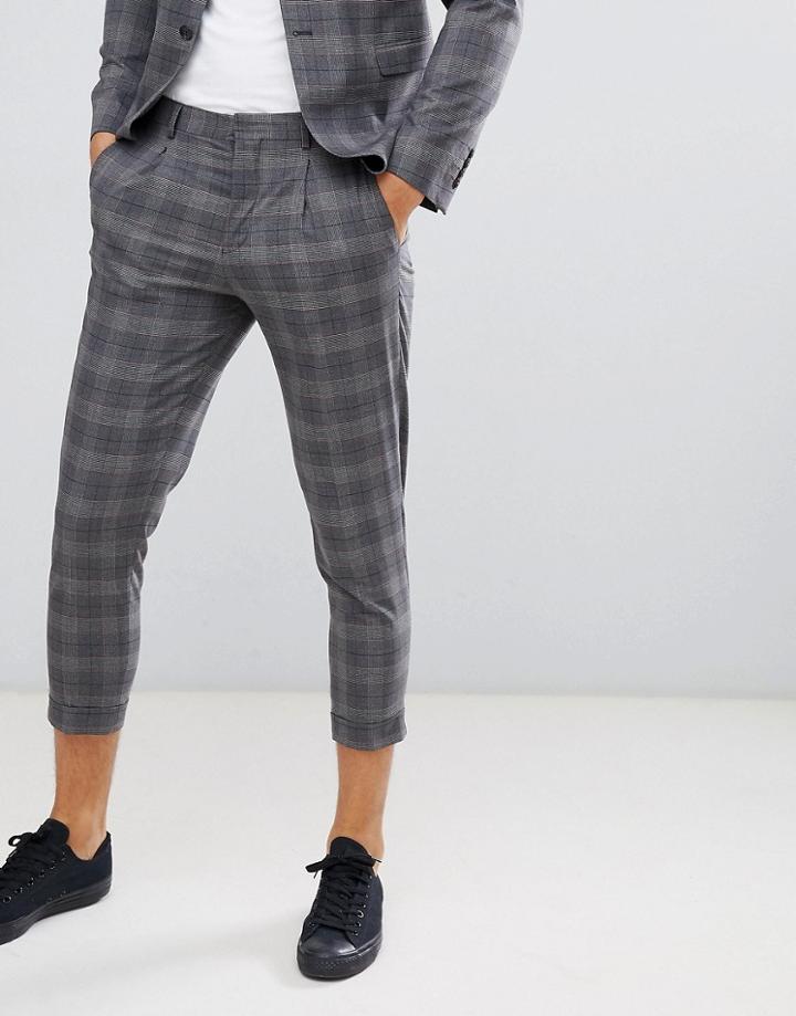 Jack & Jones Premium Suit Pants In Tapered Fit Gray Check With Cropped Ankle - Gray