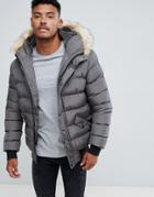 Siksilk Puffer Jacket With Fur Hood In Gray - Gray