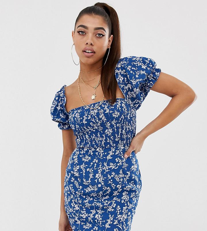 Boohoo Milk Maid Shirred Mini Dress In Blue Floral - Multi