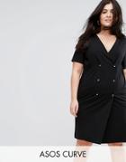 Asos Curve Tux Dress With Popper Detail & Pleated Back - Black