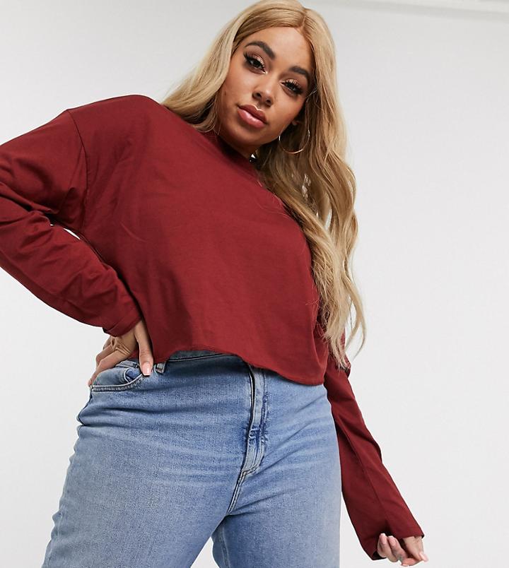 Asos Design Curve Boxy Crop T-shirt With Overlock In Burgundy-red