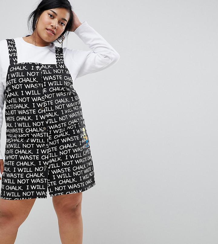 The Simpsons X Asos Design Curve All Over Print Denim Pinafore Dress - Black