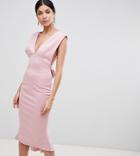 Asos Tall Deep Plunge Corsage Back Pephem Midi Bodycon Dress - Pink