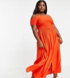 Yours Exclusive Shirred Bardot Maxi Dress In Washed Red