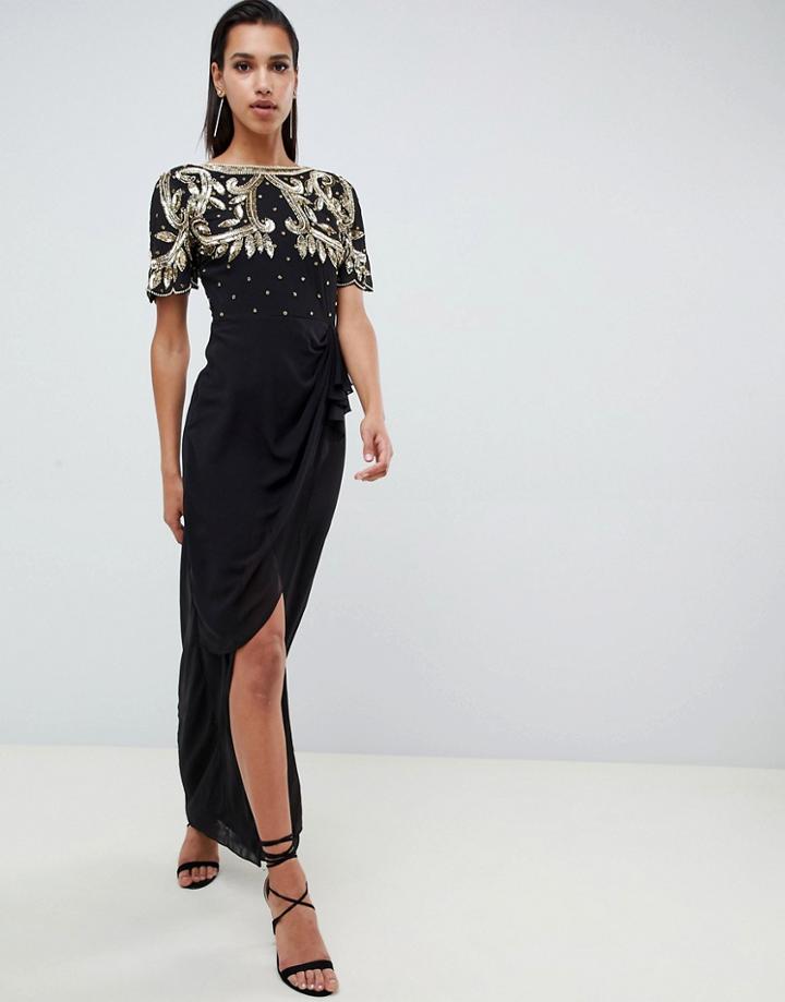 Virgos Lounge Baroque Embellished Maxi Dress With Frill Wrap Skirt In Black - Black