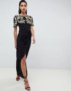 Virgos Lounge Baroque Embellished Maxi Dress With Frill Wrap Skirt In Black - Black