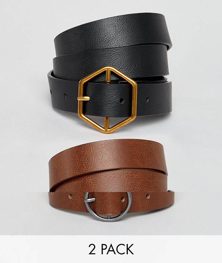 Asos Design 2 Pack Hexagon And Circle Buckle Waist And Hip Belts - Multi