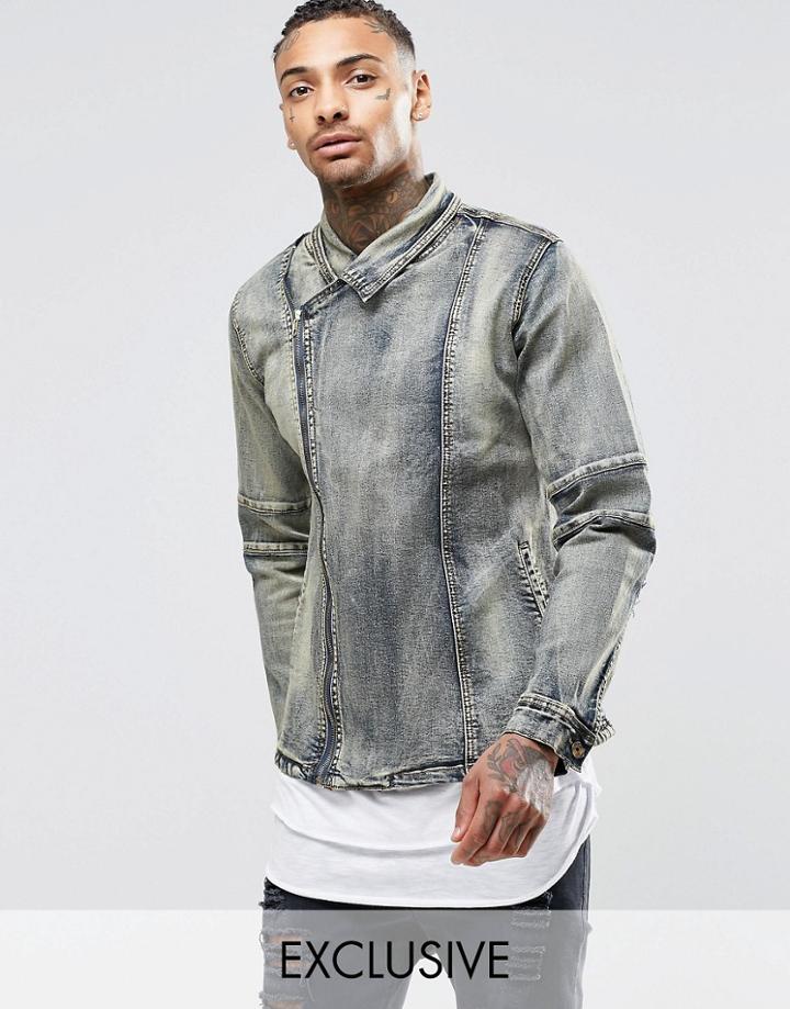 Liquor & Poker Distressed Denim Biker Jacket In Dirty Indigo - Dirty Indigo