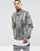 Liquor & Poker Distressed Denim Biker Jacket In Dirty Indigo - Dirty Indigo