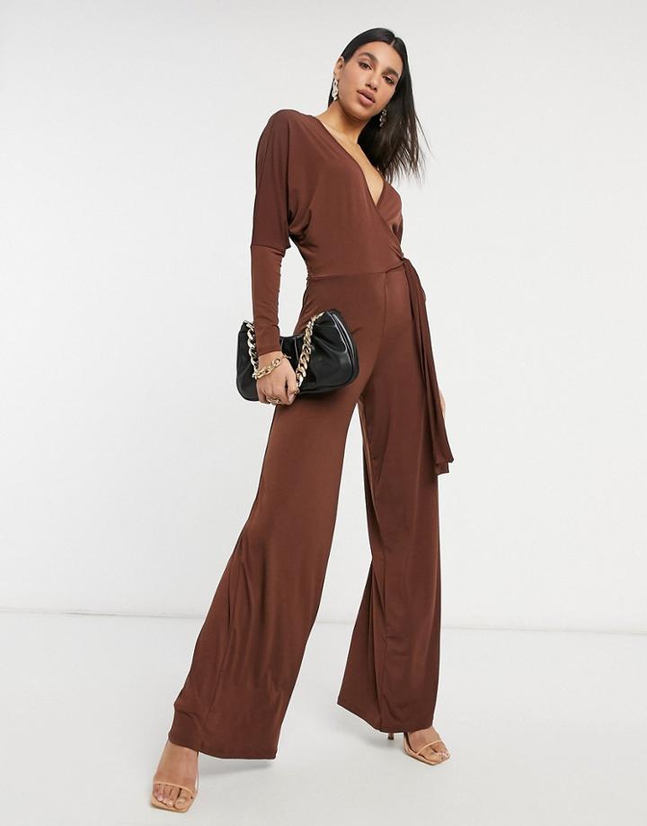 Asos Design Slinky Wrap Batwing Jumpsuit In Brown