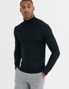 Moss London Merino Roll Neck Sweater In Black