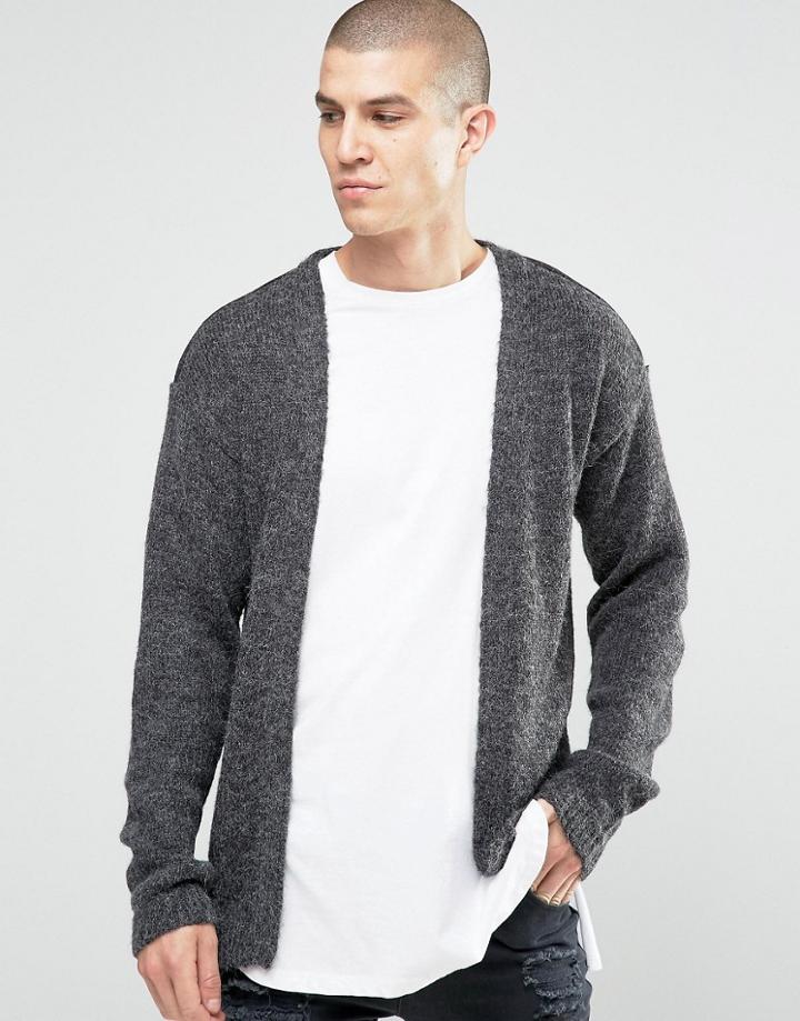 Asos Longline Cardigan With Alpaca Yarn - Gray
