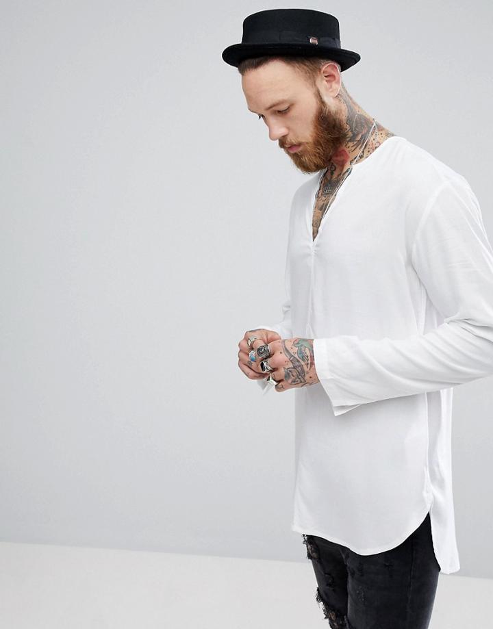 Asos Regular Fit Longline Viscose Shirt With V Neck In White - White